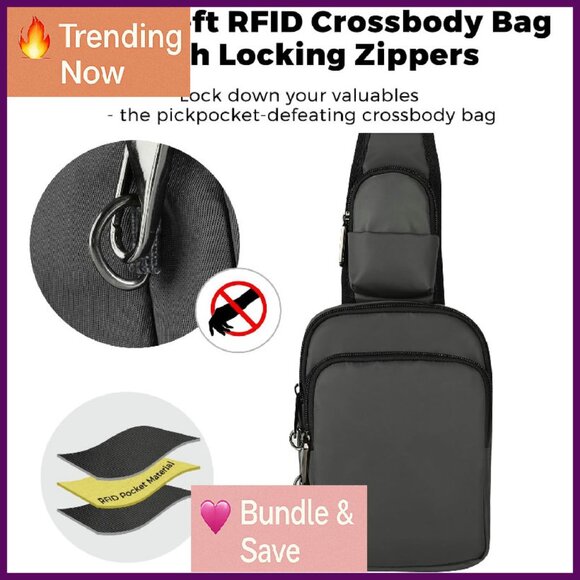 RFID Blocking Water Resistant Crossbody Sling Bag with Zipper Lock - Picture 2 of 4